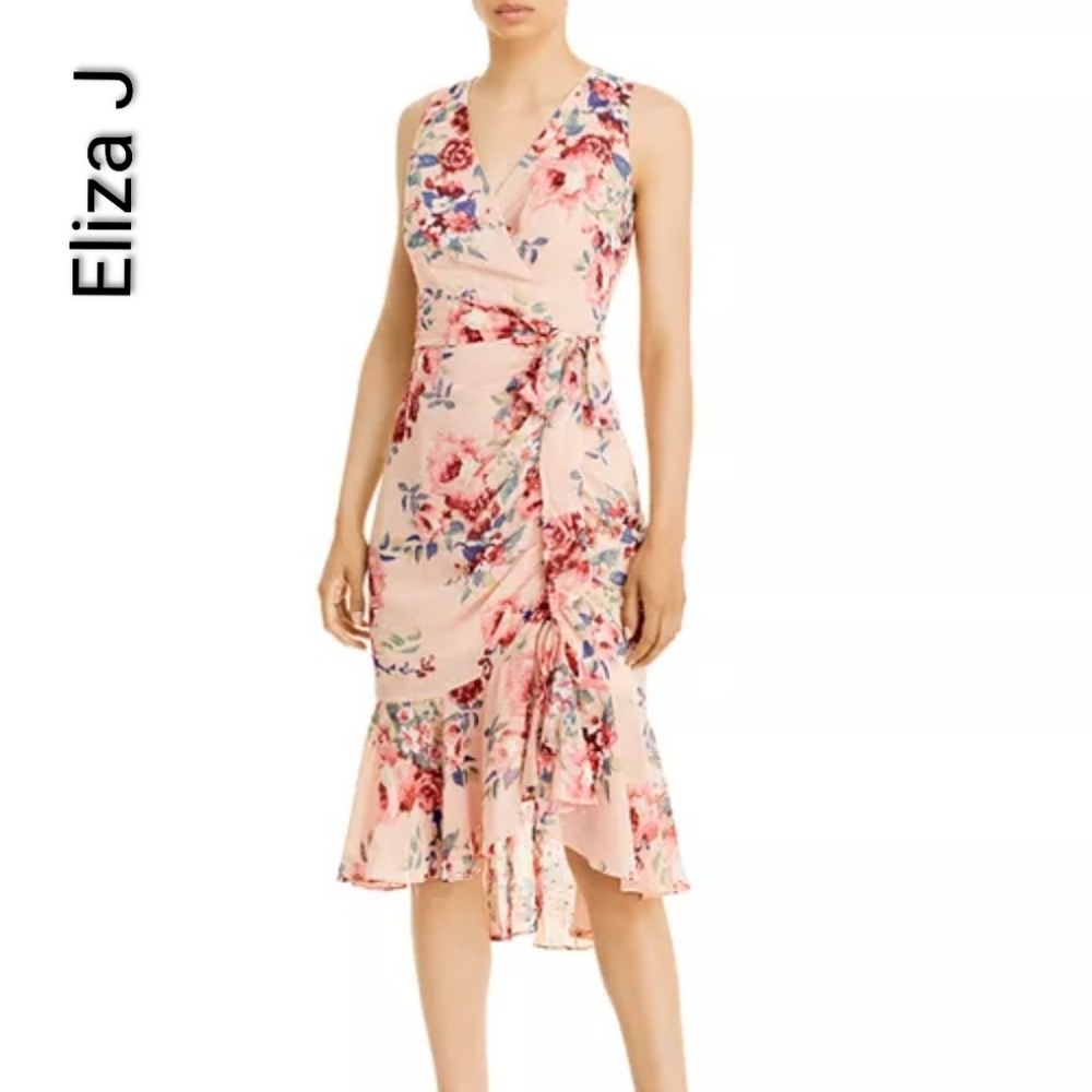 Eliza J Pink Floral Midi Wrap Dress